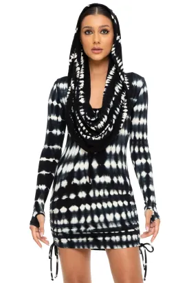 5D x Stellar Dust Cowl Hooded Mini Dress - shibori