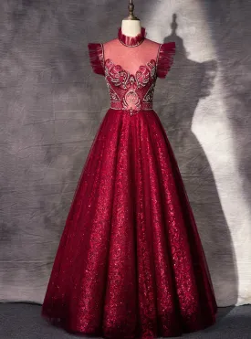 A-Line Burgundy Sequins High Neck Beading Crystal Prom Dress