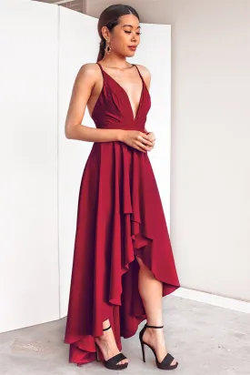 A Line High Low V Neck Backless Burgundy Prom Dresses, High Low Burgundy Formal Dresses, Burgundy Backless Evening Dresses