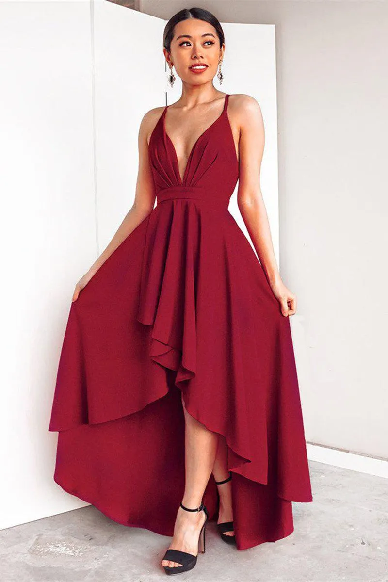 A Line High Low V Neck Backless Burgundy Prom Dresses, High Low Burgundy Formal Dresses, Burgundy Backless Evening Dresses