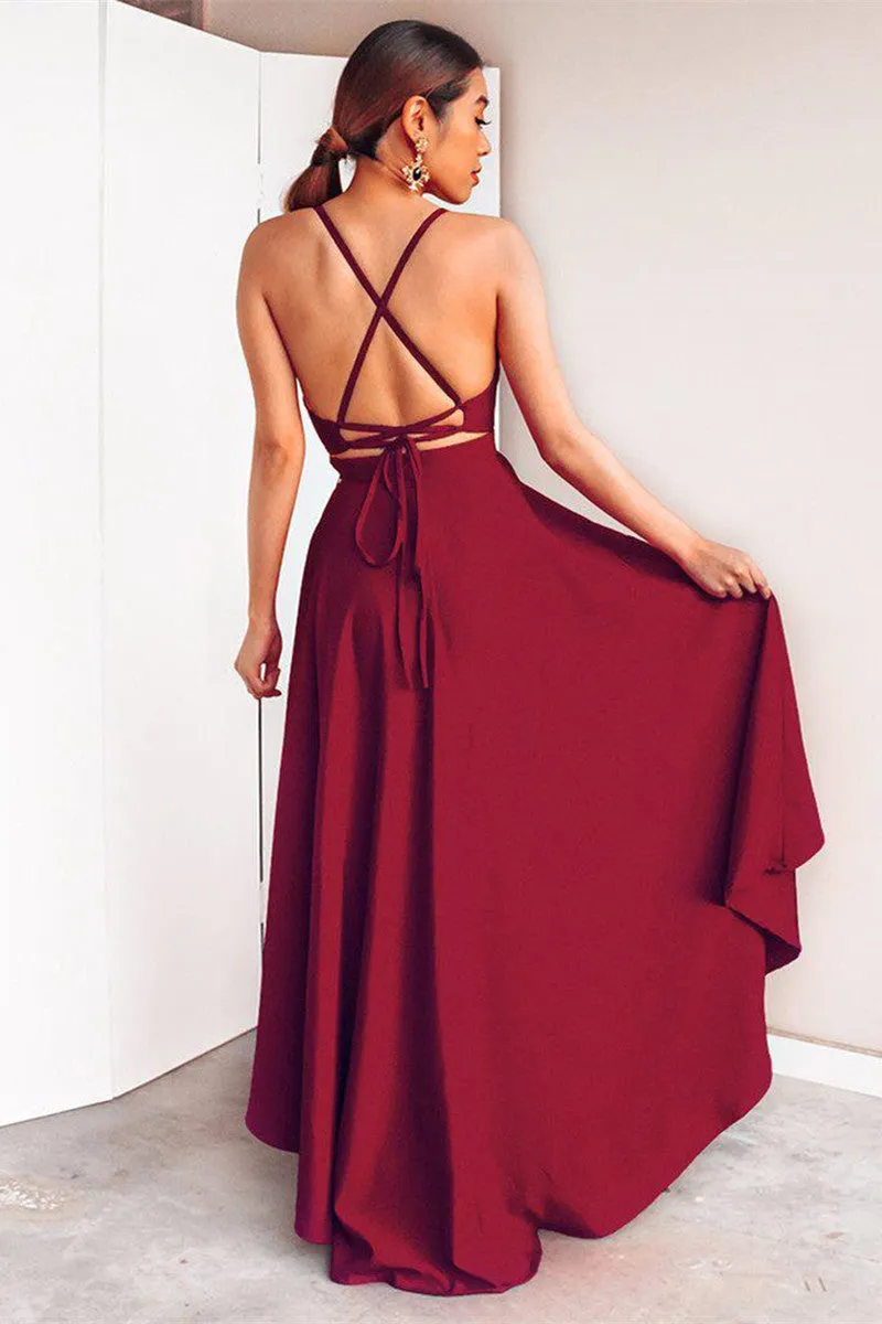 A Line High Low V Neck Backless Burgundy Prom Dresses, High Low Burgundy Formal Dresses, Burgundy Backless Evening Dresses