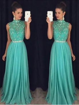 A Line High Neck Backless Lace Appliques Green Long Prom, Open Back Green Lace Formal Evening Graduation