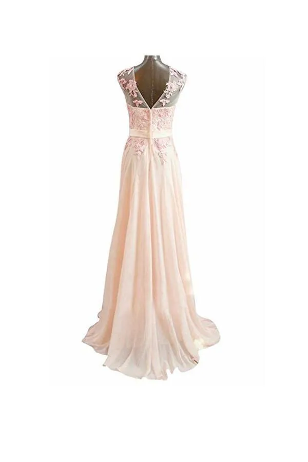 A Line Pink Long Lace Chiffon Prom  Evening Dresses PG273