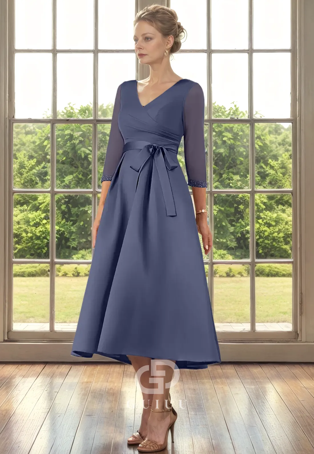 A-Line V Neck 34 Length Sleeves Pleated Back Zipper Mother of Bride Dress with Bow Knot