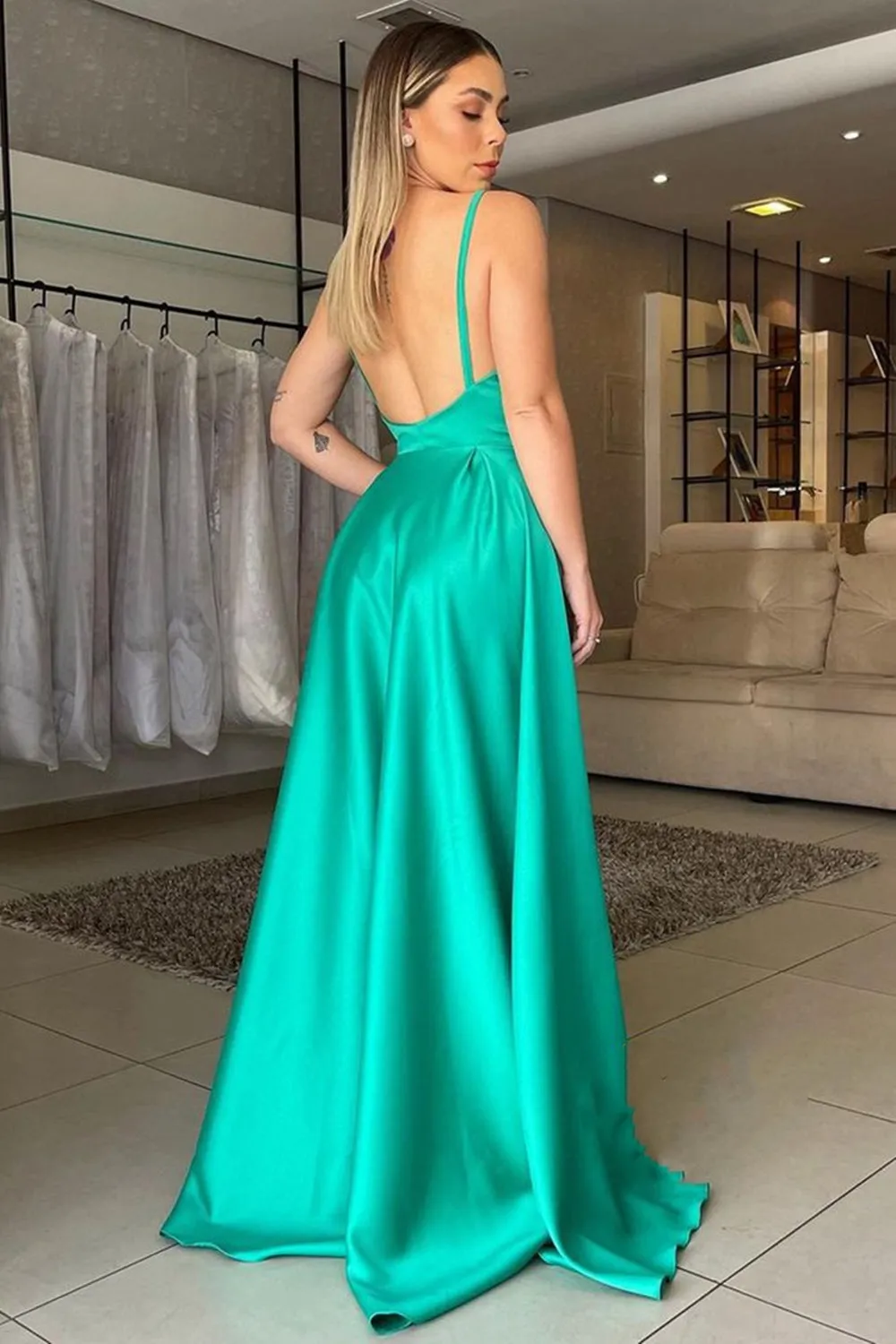 A Line V Neck Backless Green Satin Long Prom Dress with High Slit, Backless Green Formal Graduation Evening Dress A1332