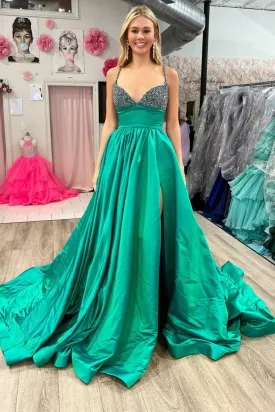 A Line V Neck Beaded Green Long Prom Dress with High Slit, Long Green Formal Graduation Evening Dress A2011