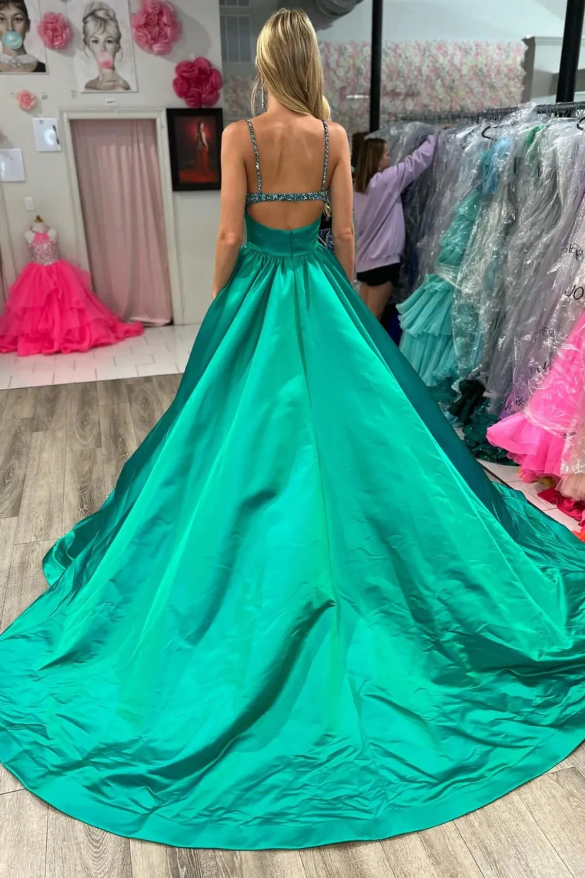 A Line V Neck Beaded Green Long Prom Dress with High Slit, Long Green Formal Graduation Evening Dress A2011