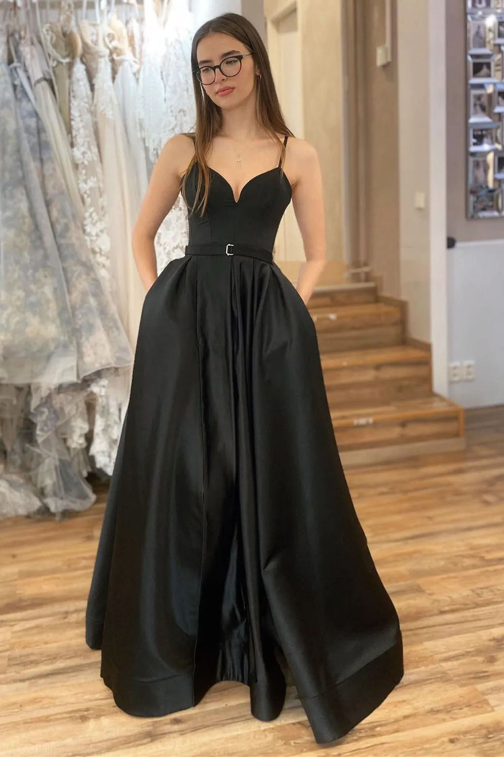 A Line V Neck Black Satin Long Prom Dress with High Slit, V Neck Black Formal Graduation Evening Dress A1322