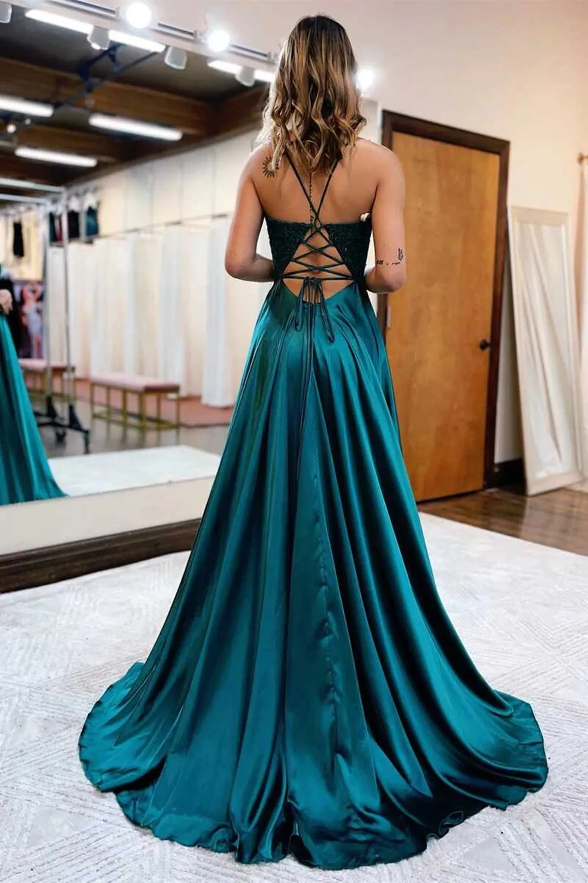 A Line V Neck Green Beaded Lace Long Prom Dress with High Slit, Open Back Green Formal Graduation Evening Dress A1555