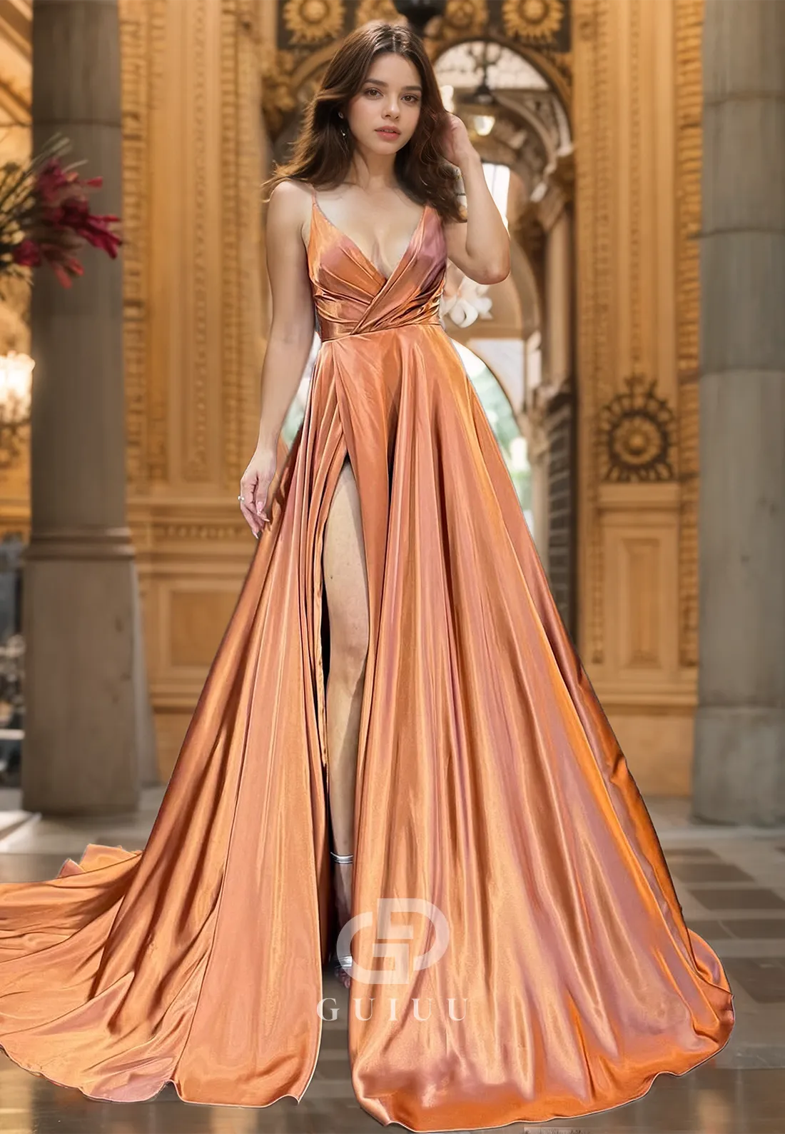 A Line V Neck High Split Simple Formal Evening Dress