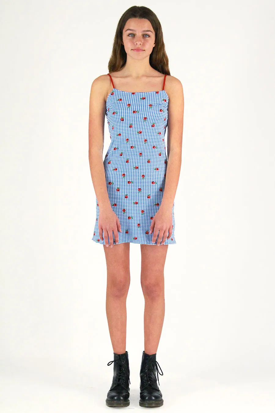 Adjustable Strap Dress - Stretchy Blue Checker with Roses