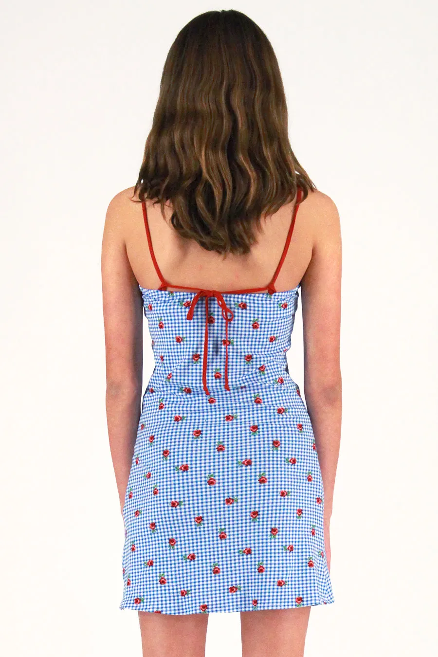 Adjustable Strap Dress - Stretchy Blue Checker with Roses