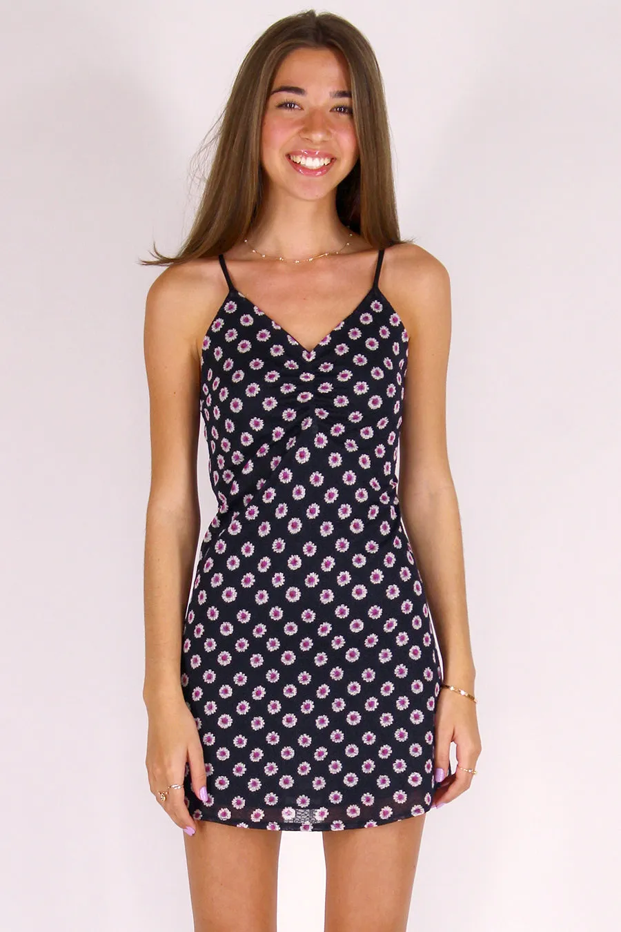 Adjustable V-Neck Dress - Stretchy Black Floral