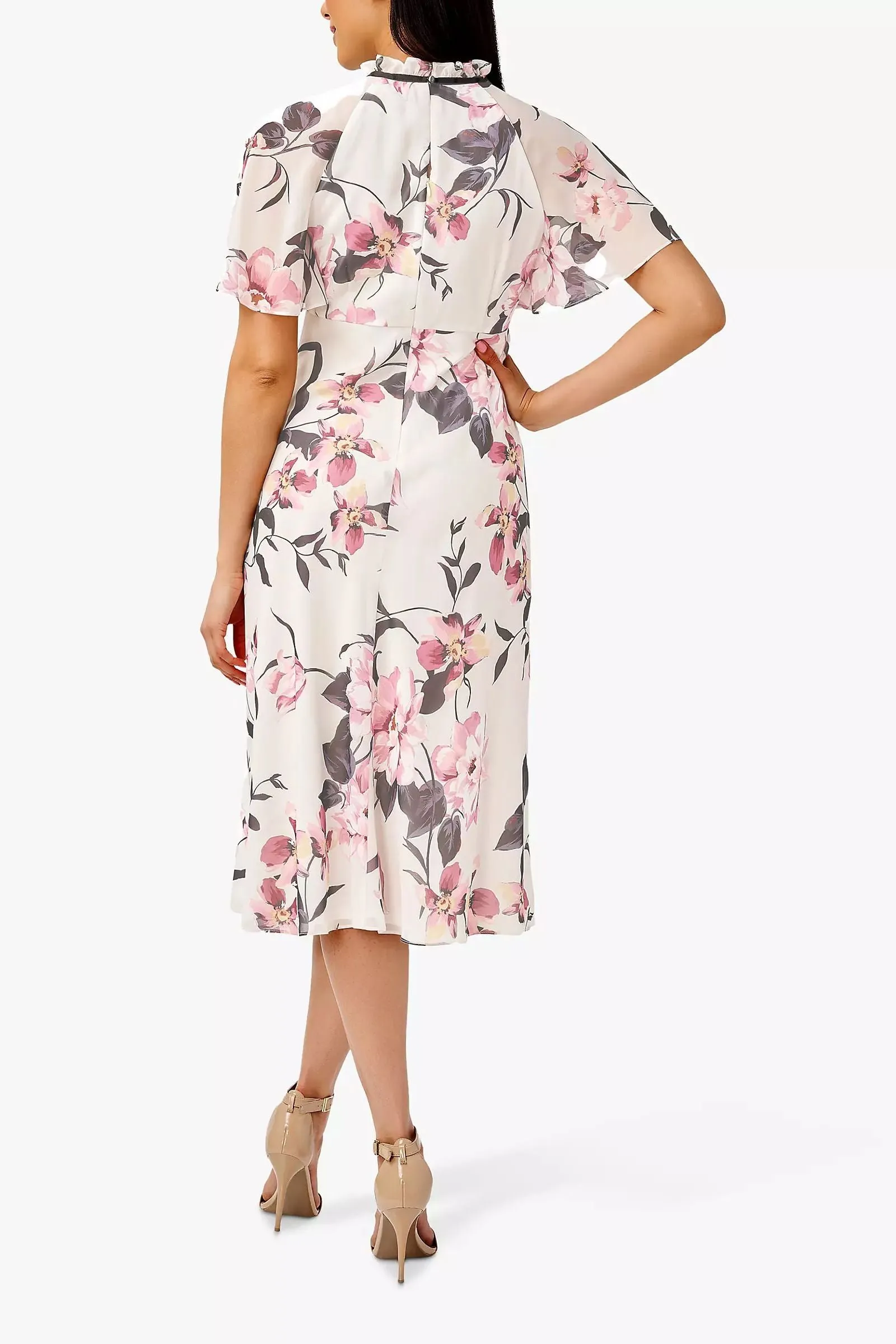 Adrianna Papell Halter Neck Short Flutter Sleeves Back Zipper Midi Floral Dress