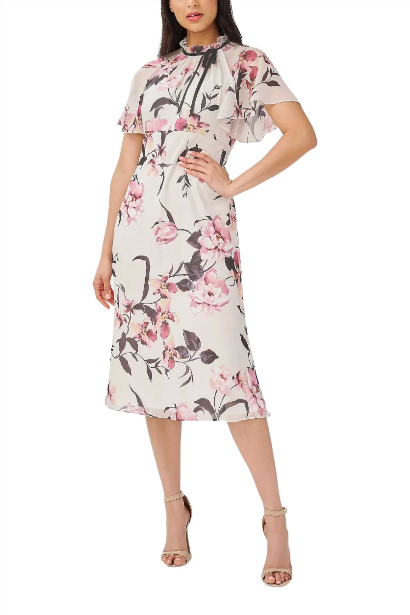 Adrianna Papell Halter Neck Short Flutter Sleeves Back Zipper Midi Floral Dress