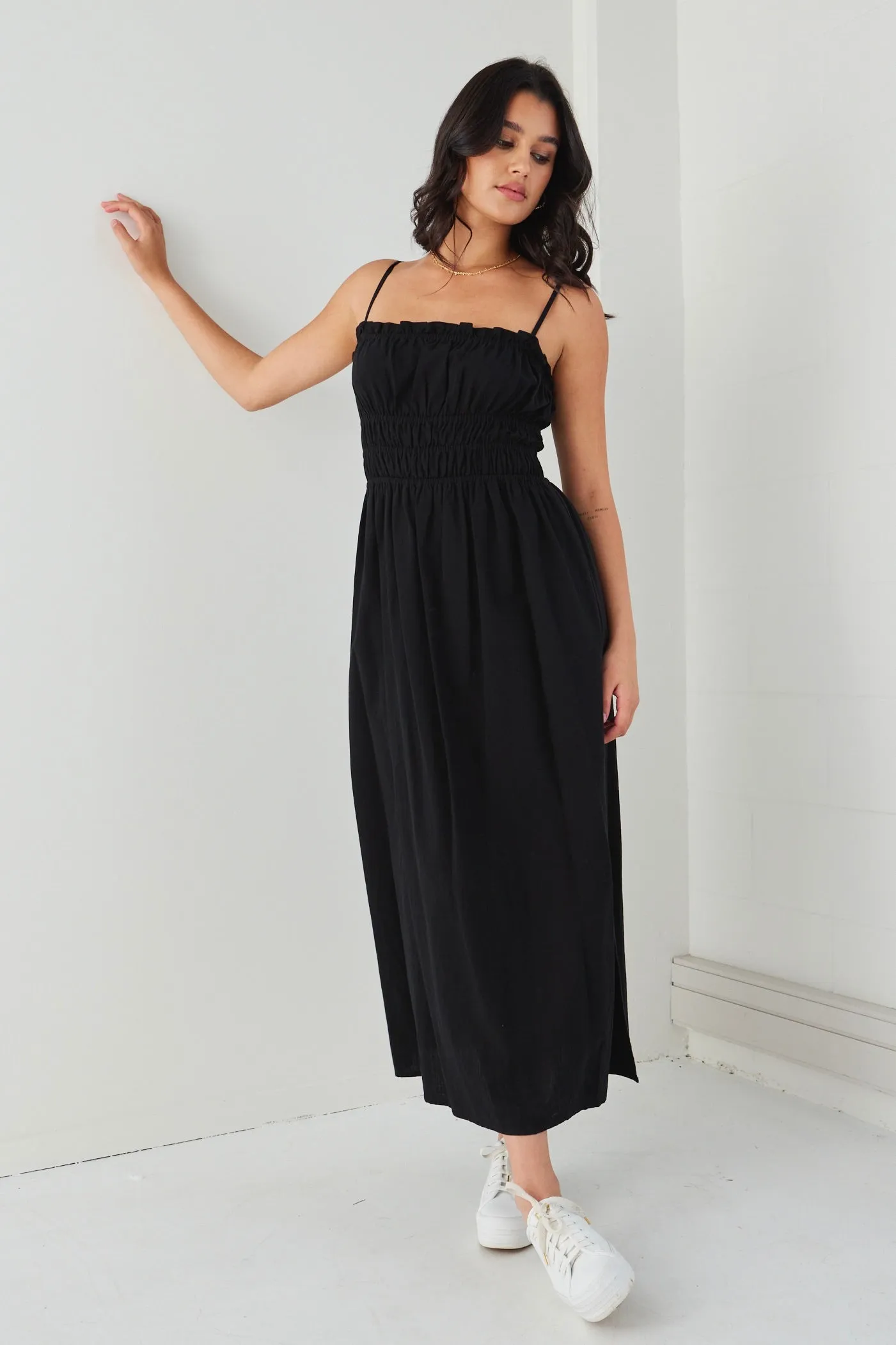 Arcadia Black Cotton Gathered Tie Strap Midi Dress