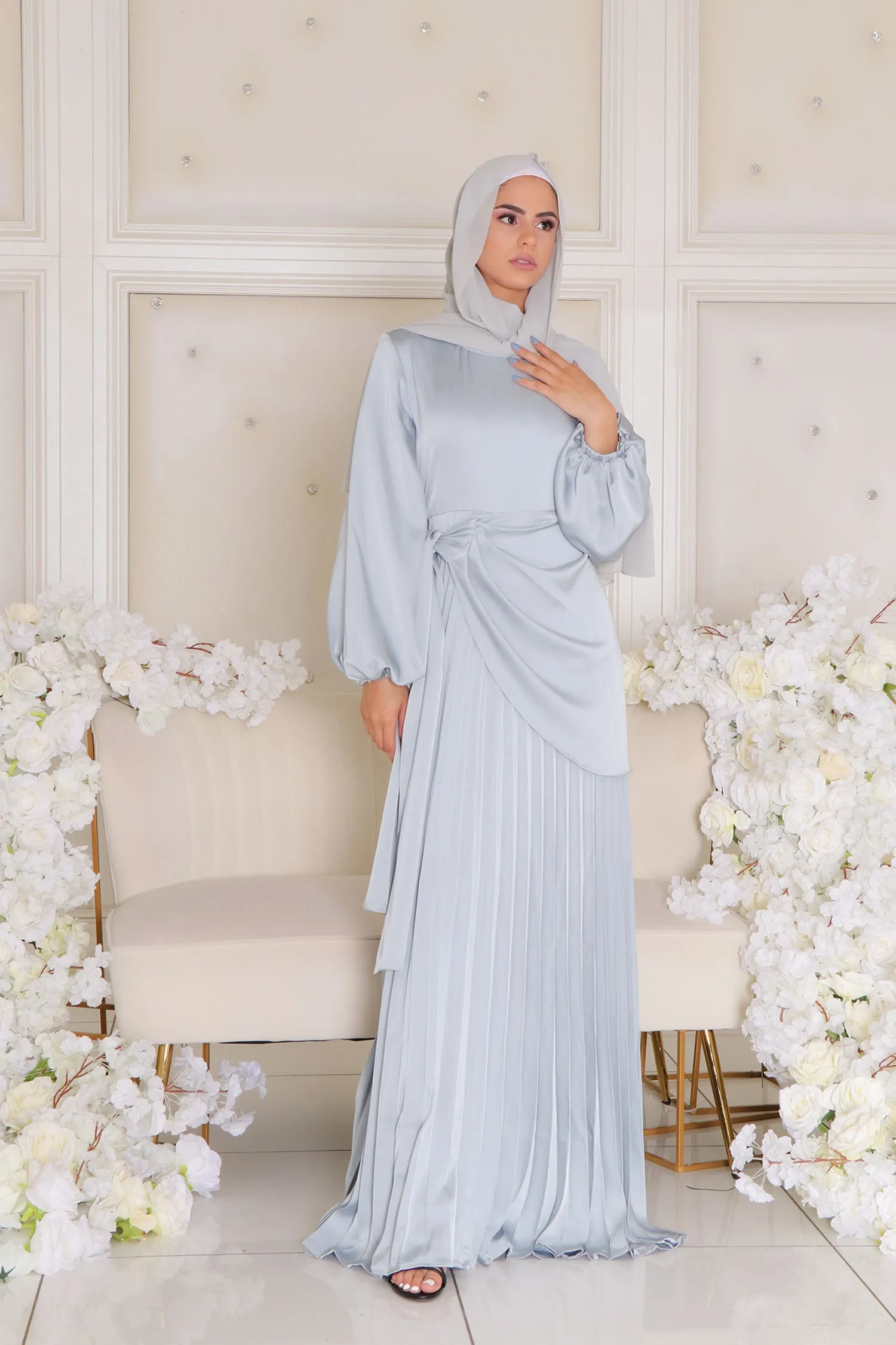 Athena Pleat Satin Dress- Sky Blue