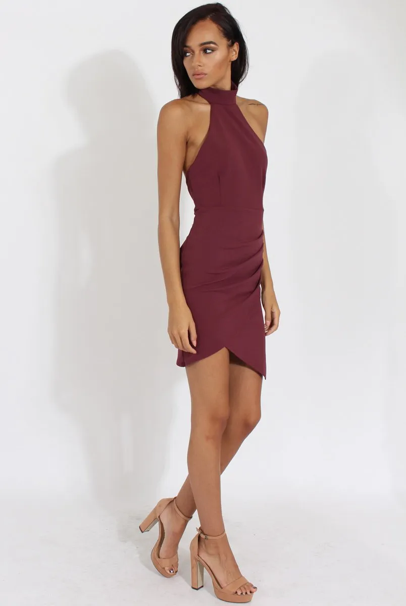 Aubergine High Neck Side Ruched Backless Dress - Tulip