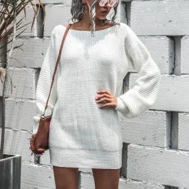 Autumn and winter sweater solid color sexy one-shoulder lantern sleeve loose casual pullover knitted dress