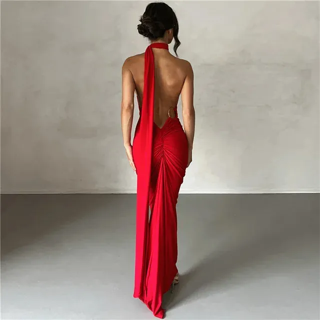 Backless Maxi Dress Oblique Shoulder Sleeveless^