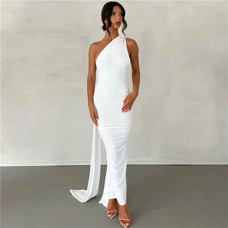 Backless Maxi Dress Oblique Shoulder Sleeveless^