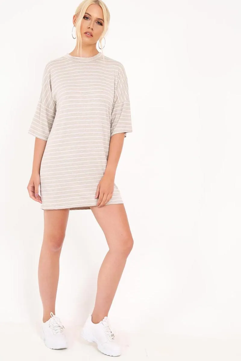 Beige And White Stripe T-Shirt Dress - Addaly