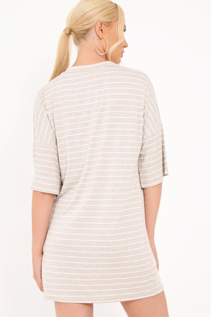 Beige And White Stripe T-Shirt Dress - Addaly