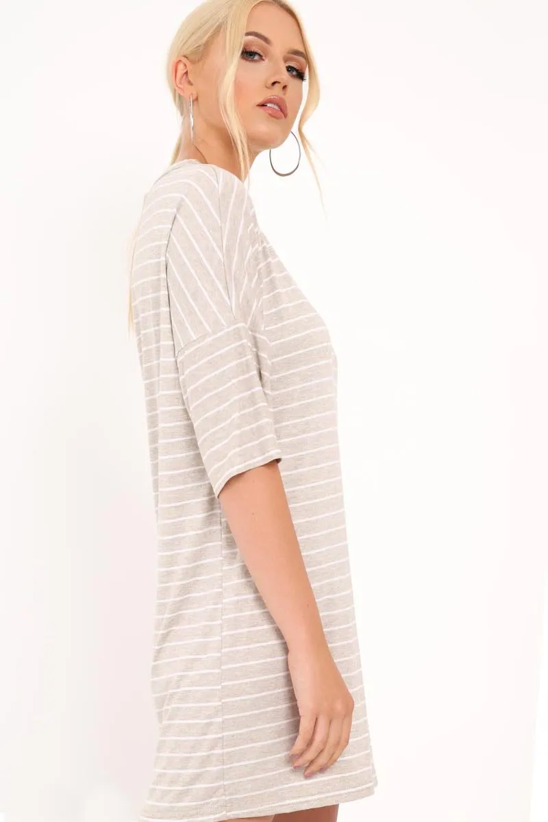 Beige And White Stripe T-Shirt Dress - Addaly