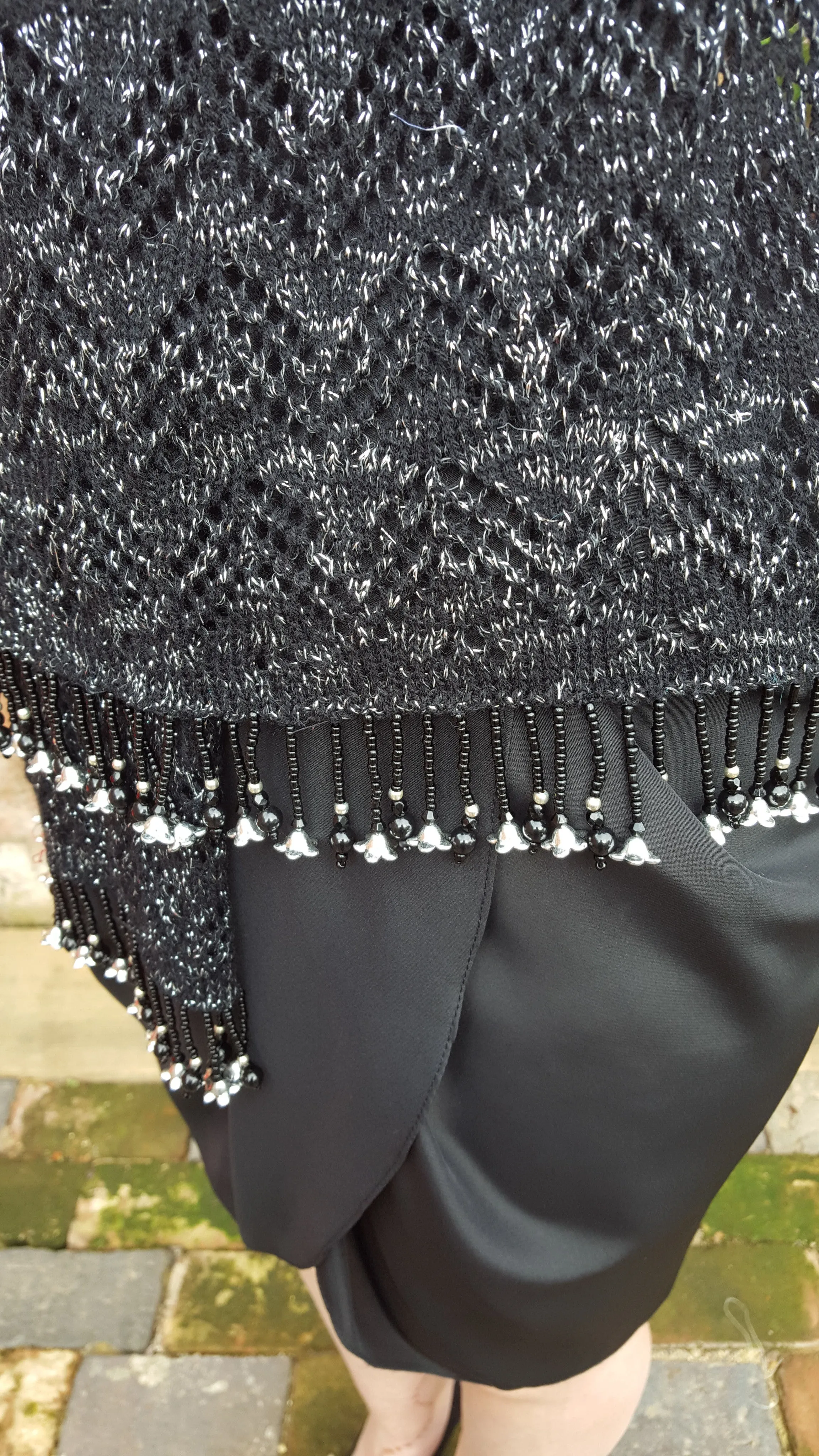 Black and silver lurex  knitted lace pashmina, shawl, wrap with beaded fringe.