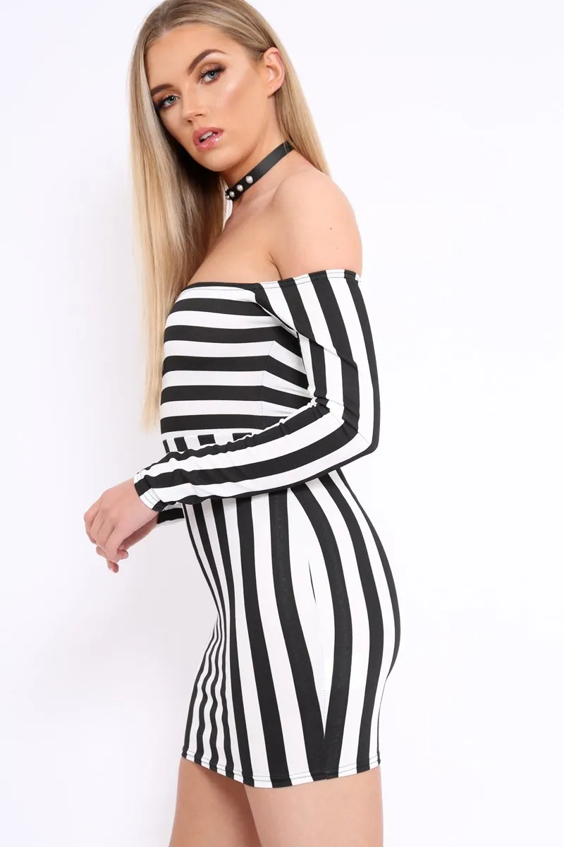 Black and White Stripe Bardot Bodycon Dress - Leidy