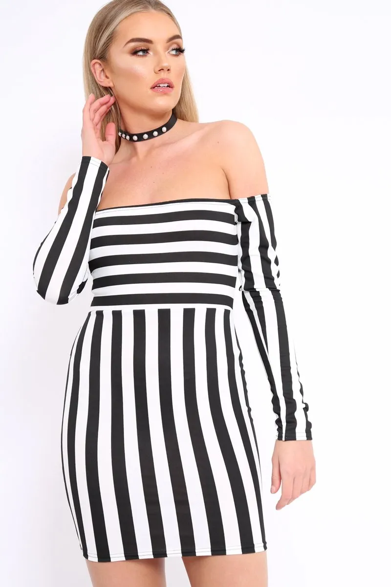 Black and White Stripe Bardot Bodycon Dress - Leidy