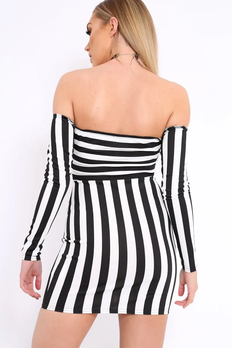 Black and White Stripe Bardot Bodycon Dress - Leidy