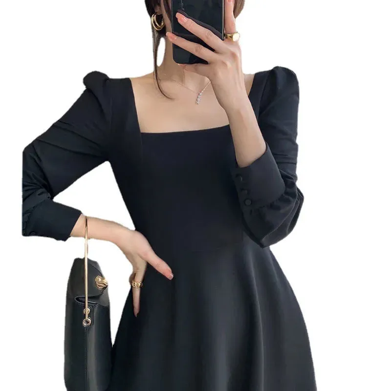 Black Dress Women's 2023 Autumn New Long-sleeved French Retro Hepburn Style Square Neck Dress