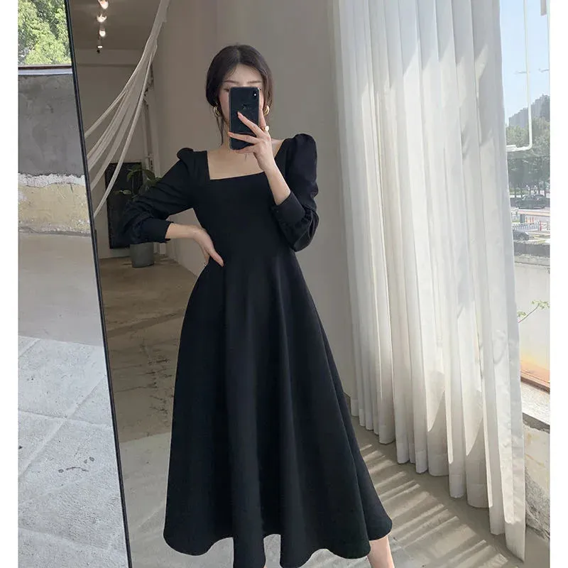 Black Dress Women's 2023 Autumn New Long-sleeved French Retro Hepburn Style Square Neck Dress