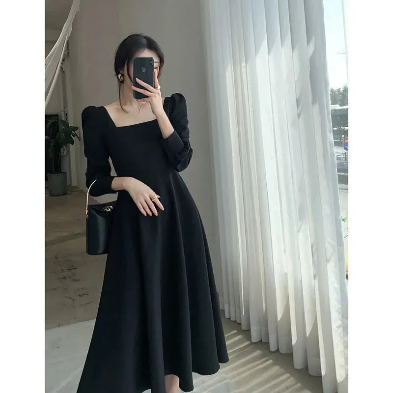 Black Dress Women's 2023 Autumn New Long-sleeved French Retro Hepburn Style Square Neck Dress