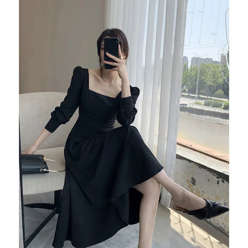 Black Dress Women's 2023 Autumn New Long-sleeved French Retro Hepburn Style Square Neck Dress