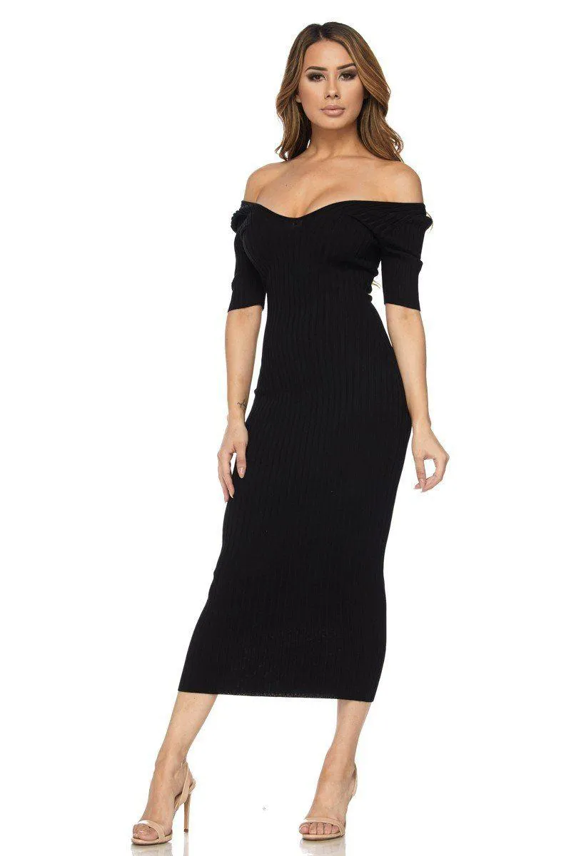 Black Half Sleeve Off Shoulder Ribbed Midi Dress