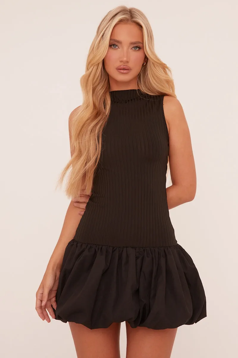 Black High Neck Cut Out Back Puffball Mini Dress - Aima