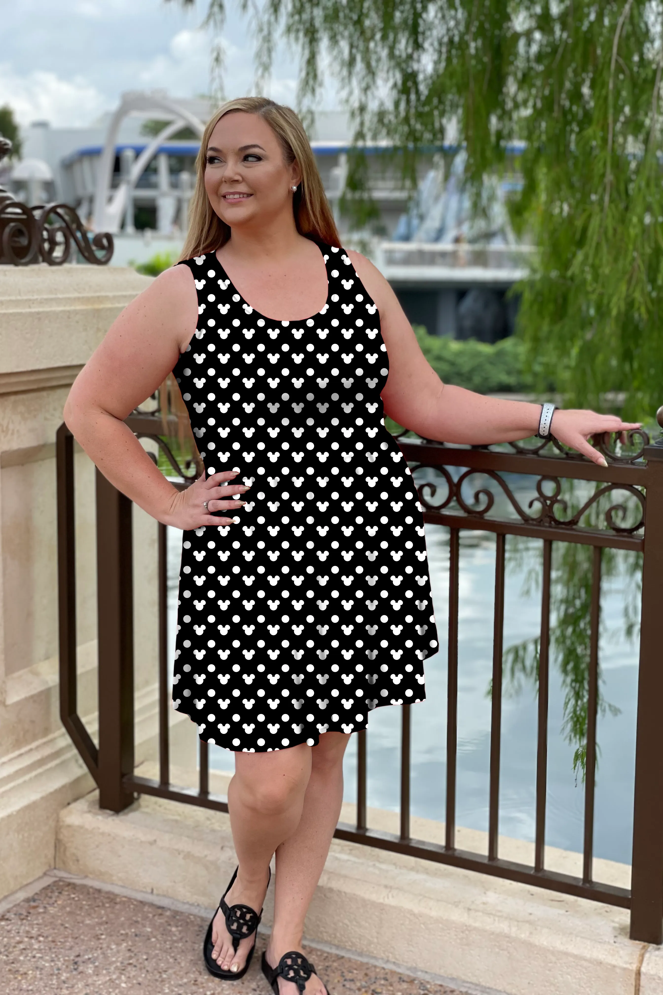 Black With White Mickey Polka Dots Women's Sleeveless Skater Dress