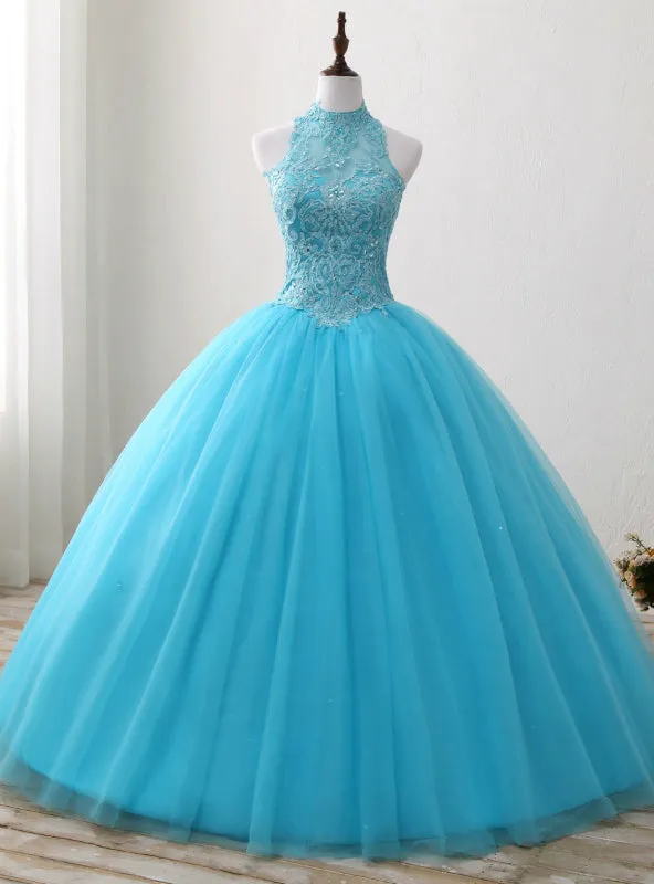 Blue Rulle Lace Appliques High Neck Backless Sweet 15 Dress