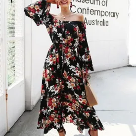 Boho Off Shoulder Floral Print Flare Sleeve Maxi Dress