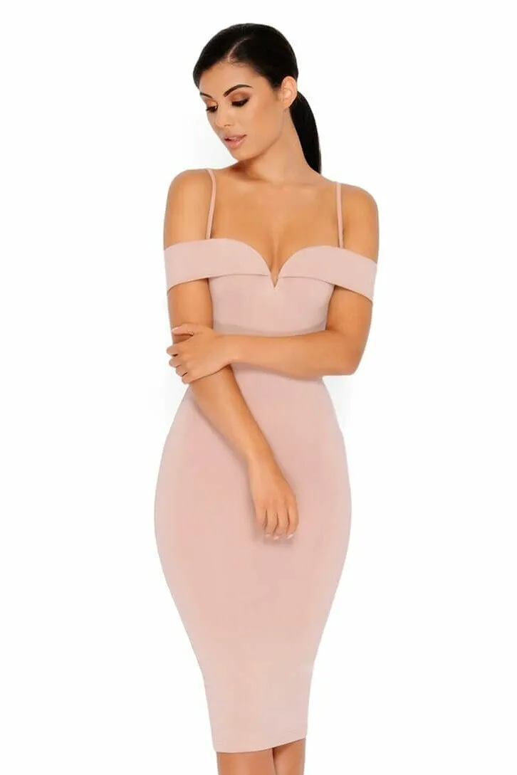 Bold Shoulder Double Layered Bardot Midi Dress in Light Mauve