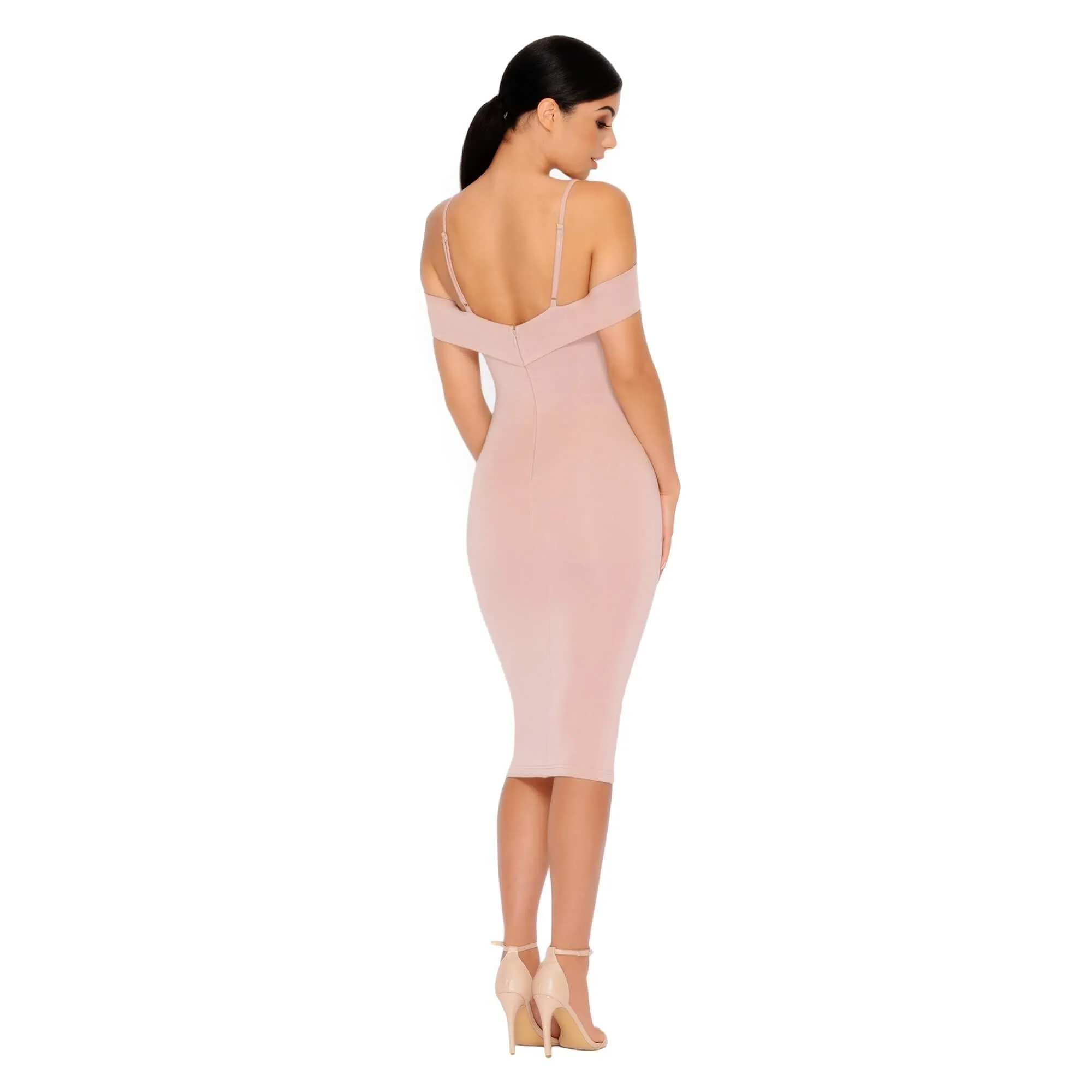 Bold Shoulder Double Layered Bardot Midi Dress in Light Mauve