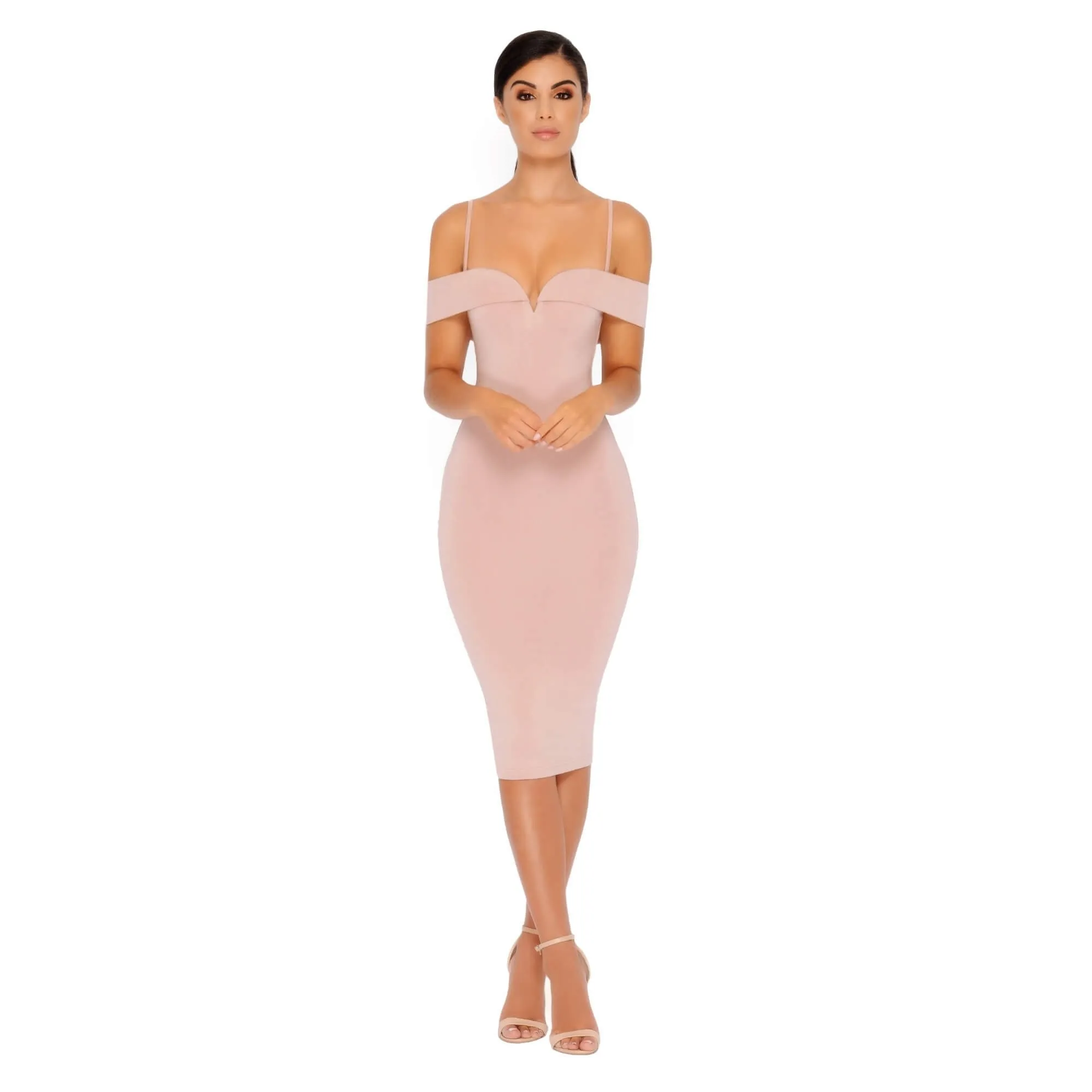 Bold Shoulder Double Layered Bardot Midi Dress in Light Mauve