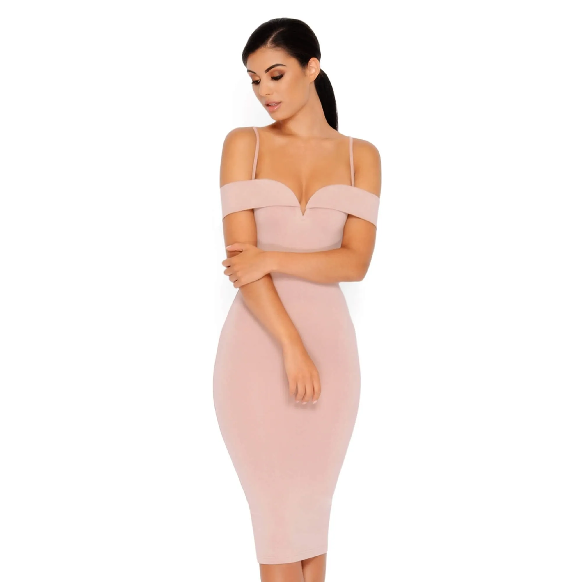 Bold Shoulder Double Layered Bardot Midi Dress in Light Mauve