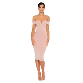 Bold Shoulder Double Layered Bardot Midi Dress in Light Mauve