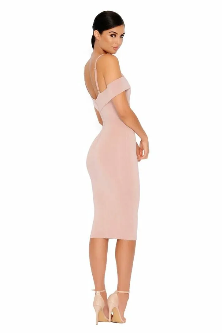 Bold Shoulder Double Layered Bardot Midi Dress in Light Mauve