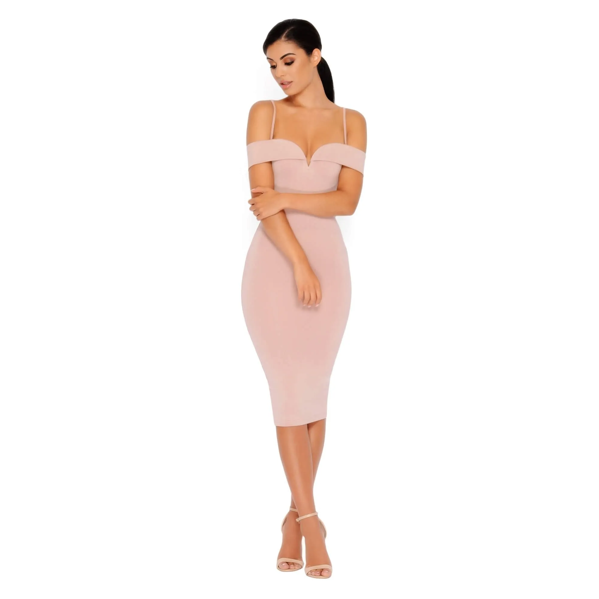 Bold Shoulder Double Layered Bardot Midi Dress in Light Mauve