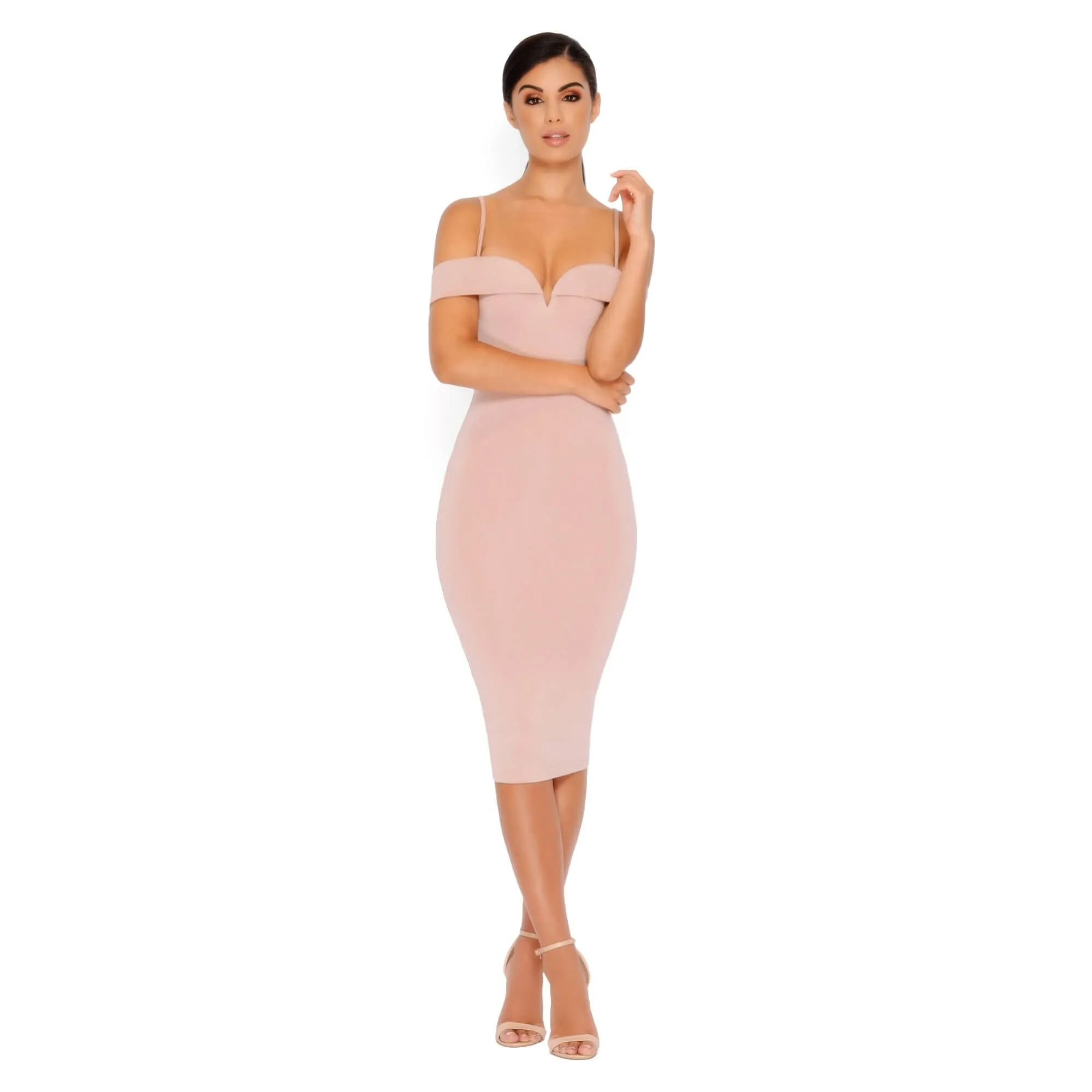 Bold Shoulder Double Layered Bardot Midi Dress in Light Mauve