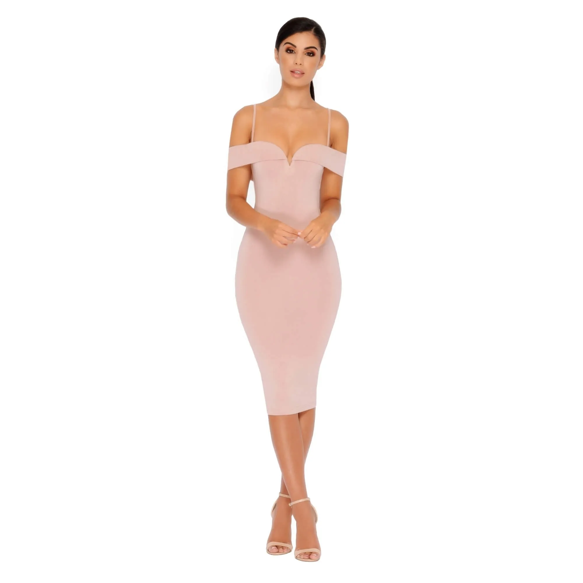 Bold Shoulder Double Layered Bardot Midi Dress in Light Mauve